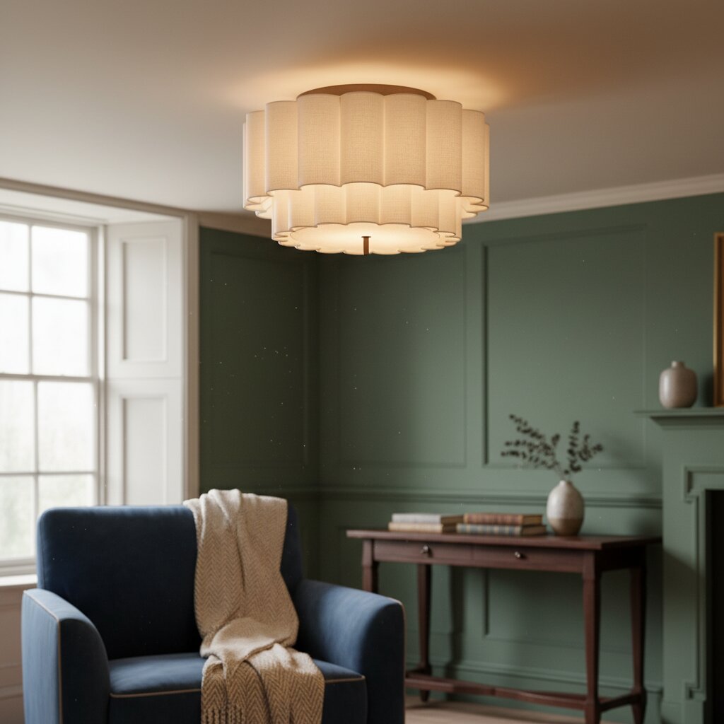 Linbron Flush Lighting – Scalloped Linen Shade and Bronze Finish Modern Ceiling Light for Dining Room