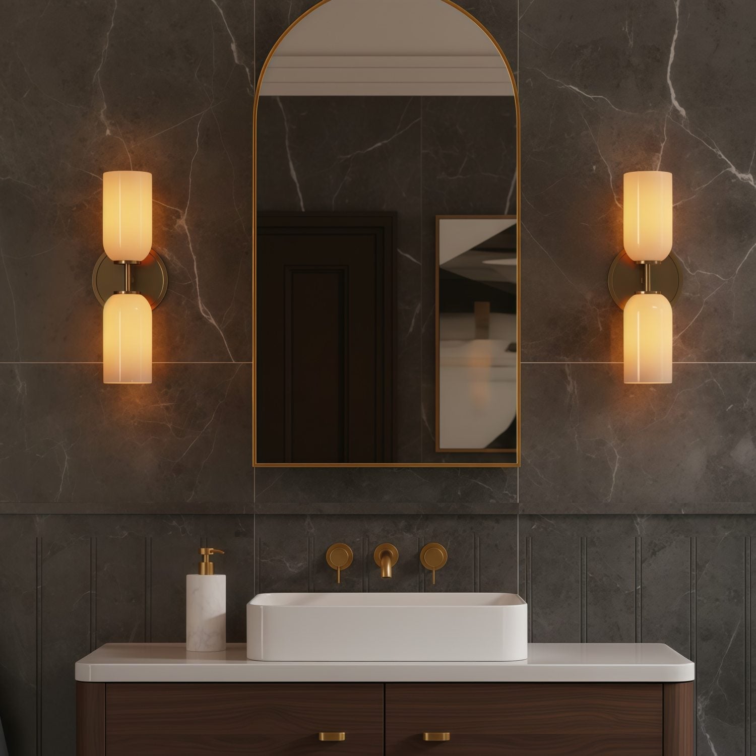 Vega Glass 2 Light Wall Sconce with Champagne Glass Shades - Modern Metal Frame Wall Light for Bathroom & Hallway