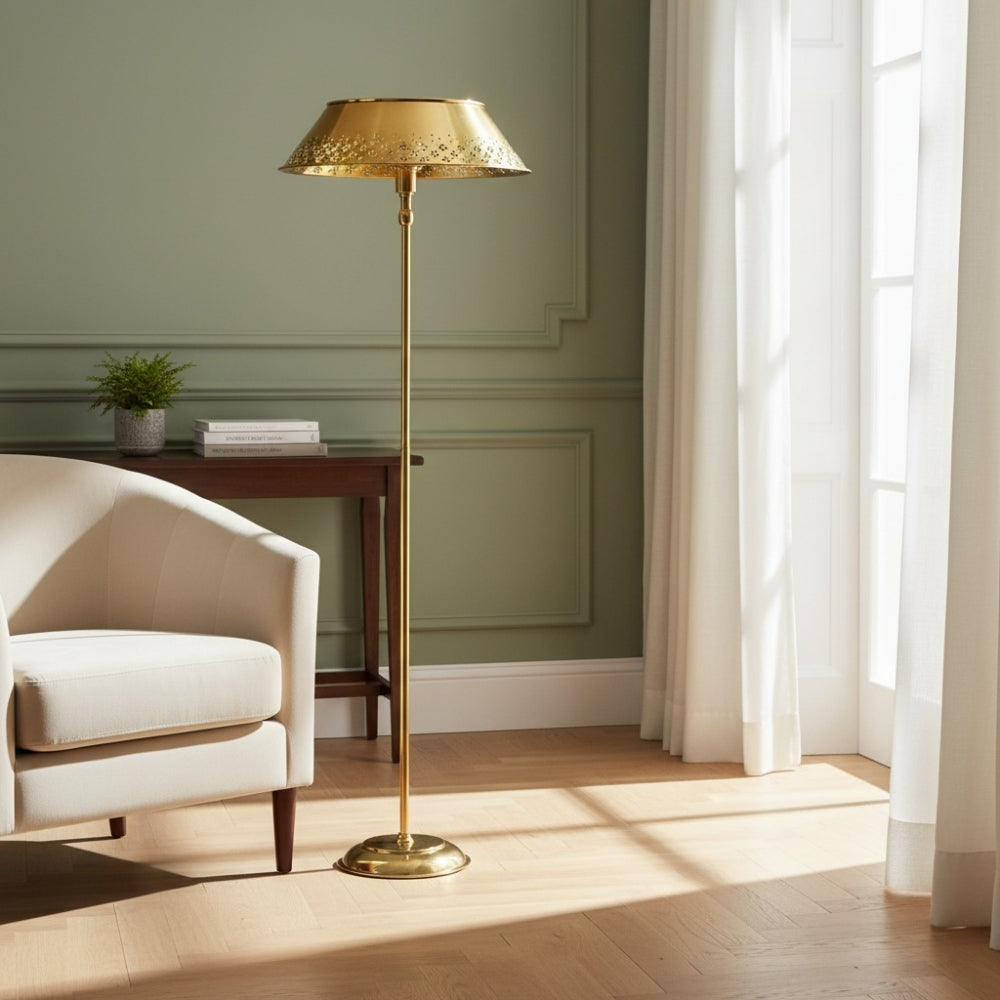 Auriglow Brass Floor Lamp - Enameled Perforated Space Age Bedroom Lamp