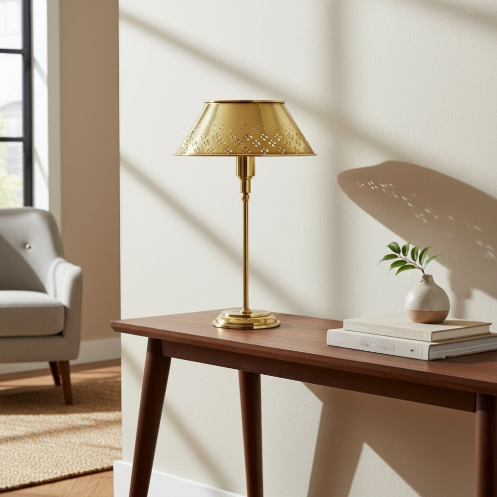 Auriglow Brass Perforated Table Lamp - Space Age Floral Bedroom Light