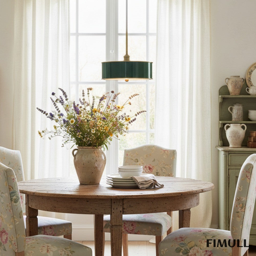 Forvara Rustic Metal Pendant Light - Brass Drum Lamp for Kitchen Island