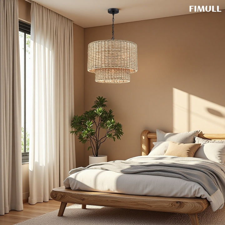 Natürliche Handgefertigte Rattan Trommel Pendelleuchte