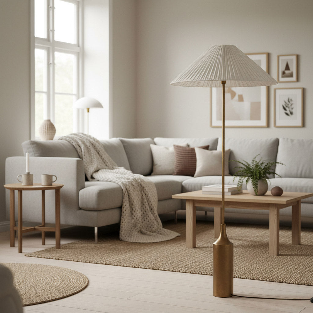 Lindi - aged brass and linen scalloped floor lamp