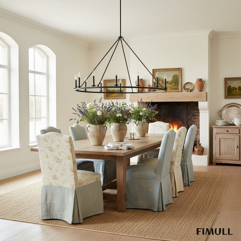 Rowan Rustic Iron Chandelier - Round Wagon Wheel Lamp for Living Room