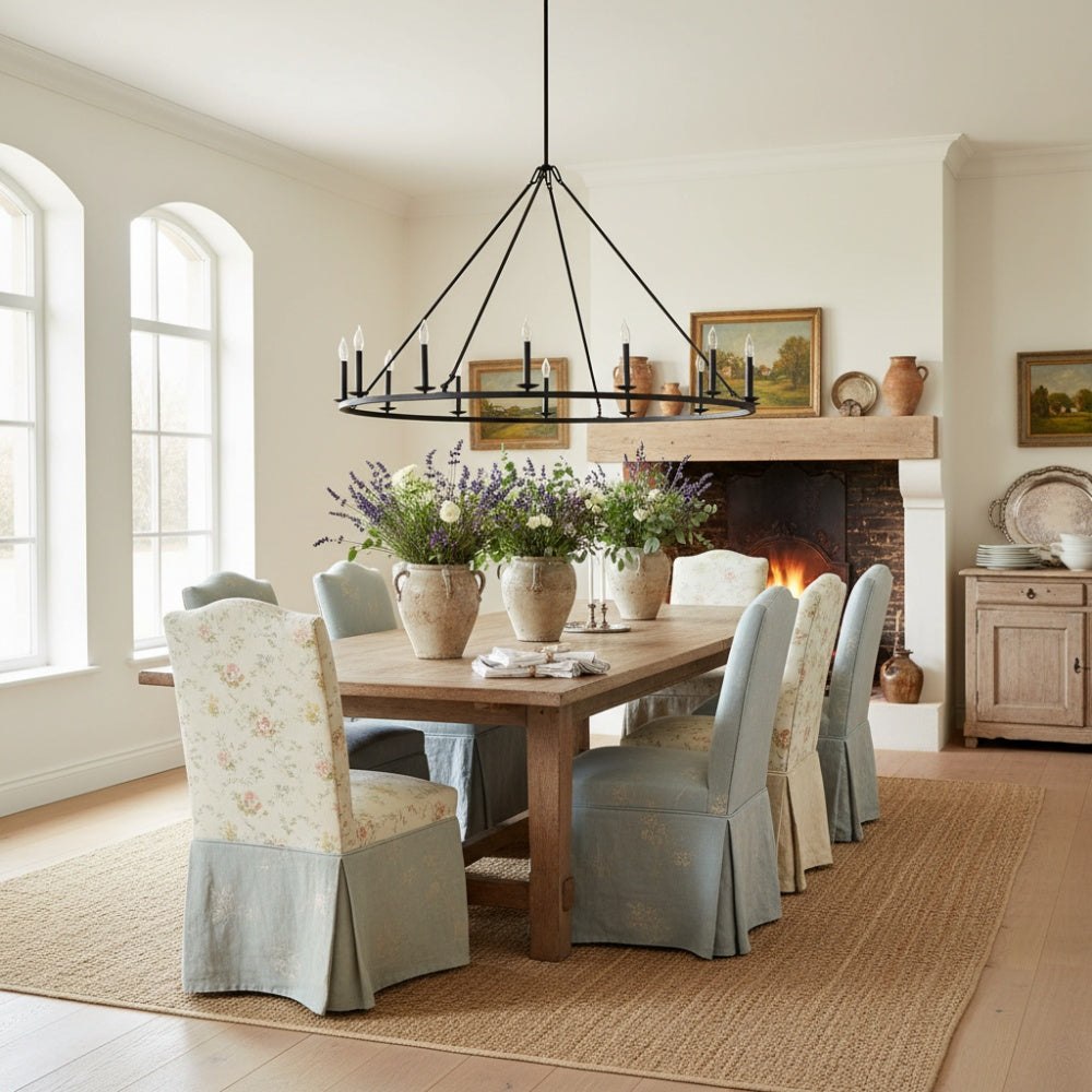 Rowan Rustic Iron Chandelier - Round Wagon Wheel Lamp for Living Room