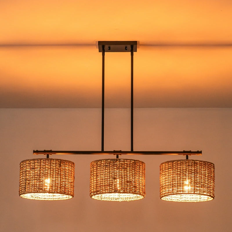 3 Light Handwoven Drum Farmhouse Pendant Light