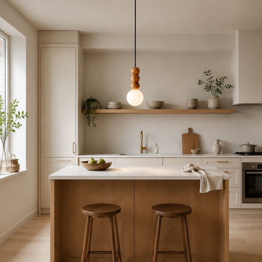 Wood bead globe pendant centered over a modern kitchen island