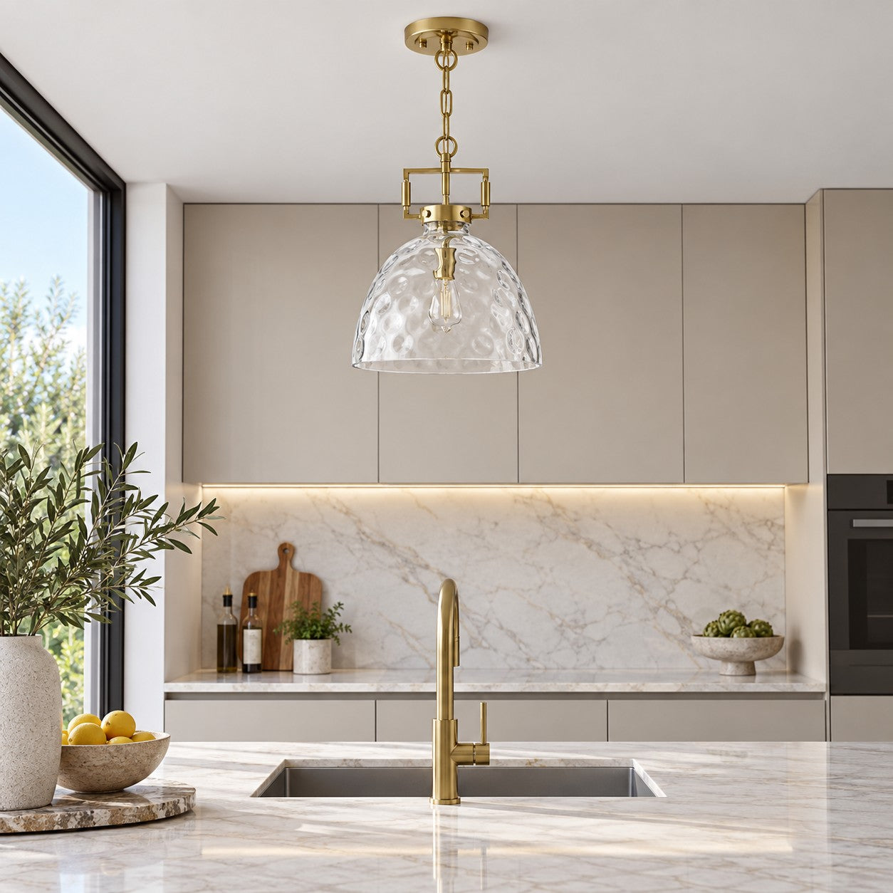 Modern Hammered Glass Pendant Light with Minimalist Metal Design - Suitable for Kitchen Island