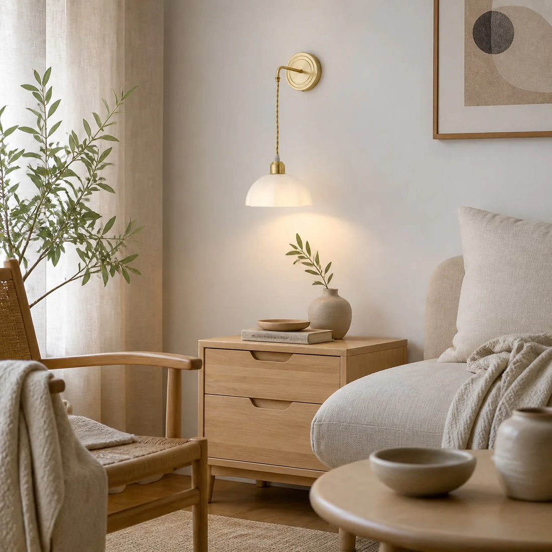 Dome shade wall sconce installed above a bedside table