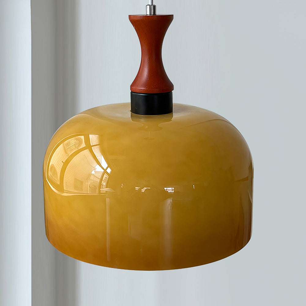 Retro Round Pendant Light - Amber Glass Hanging Lamp for Dining Room