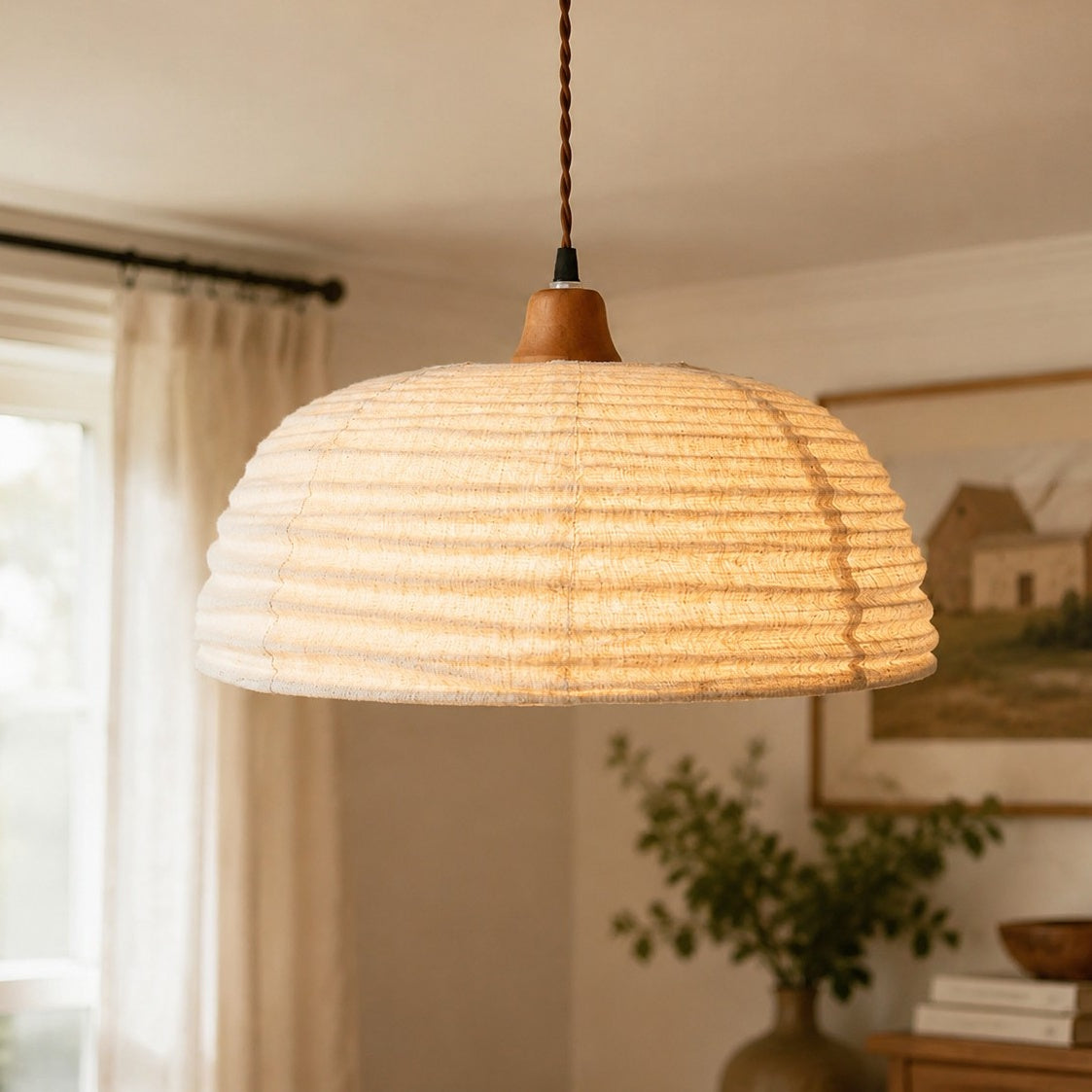 Handwoven Hemp Fabric Dome Pendant Light