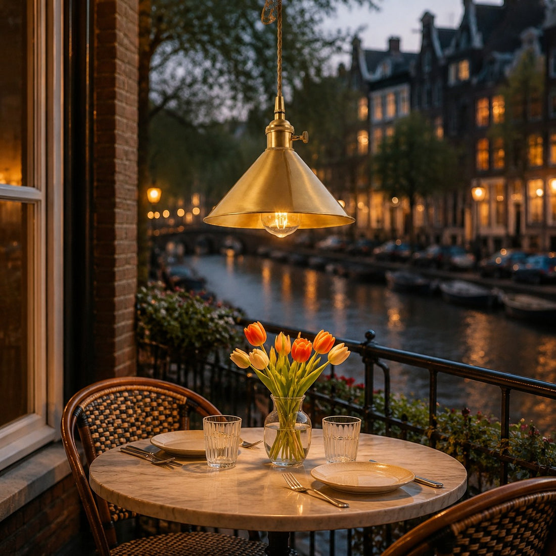 Copper pendant light beside a window at night