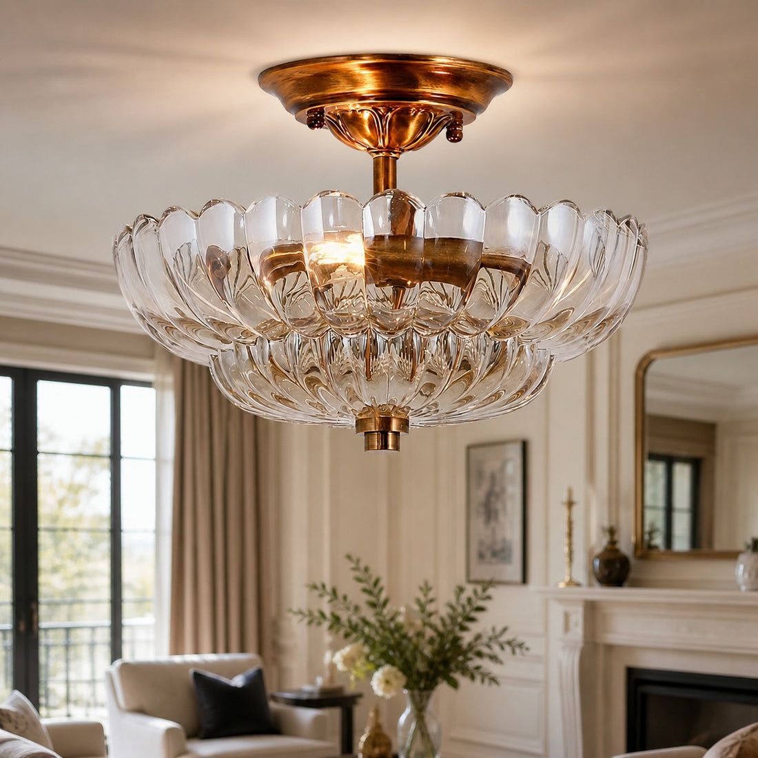 Floral Brass and Amber Glass Semi-Flush Ceiling Light