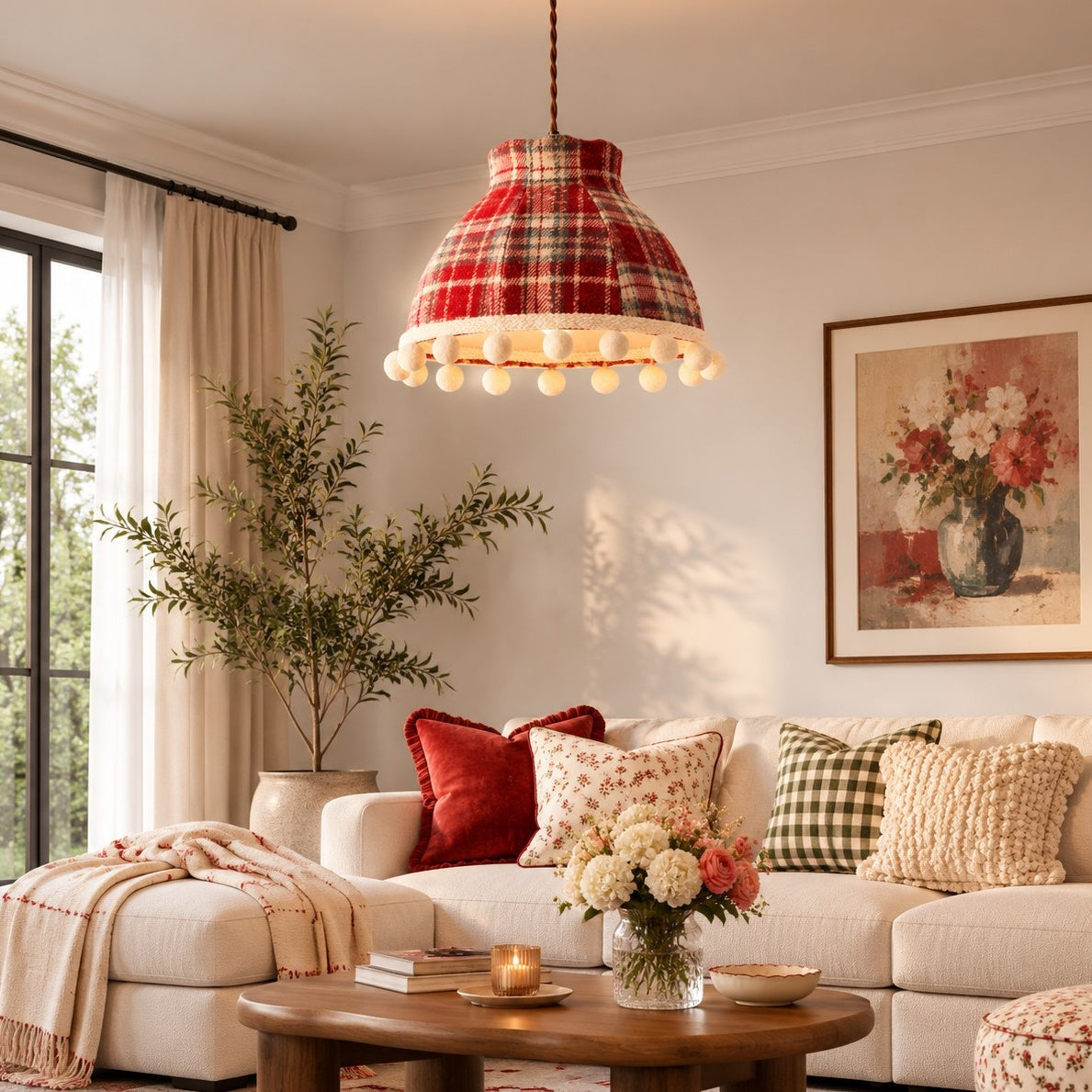French Cream Pom Pom Fabric Pendant Light