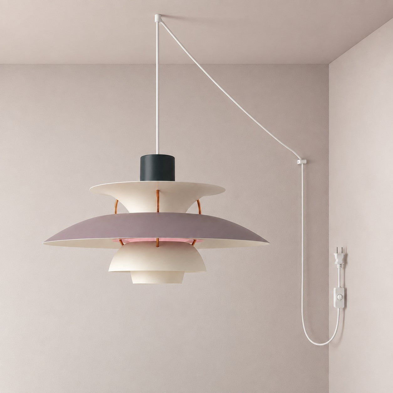 Moderne mehrlagige bunte Pendelleuchte mit Stecker und Zugkabel - Hängelampe aus Metall