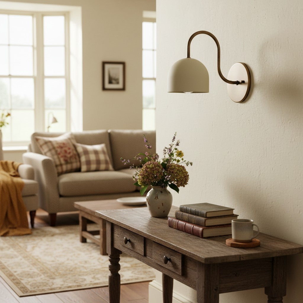 Curva Metal Industrial Wall Sconce - Curved Brass Arm - Hammered Dome Light Fixture