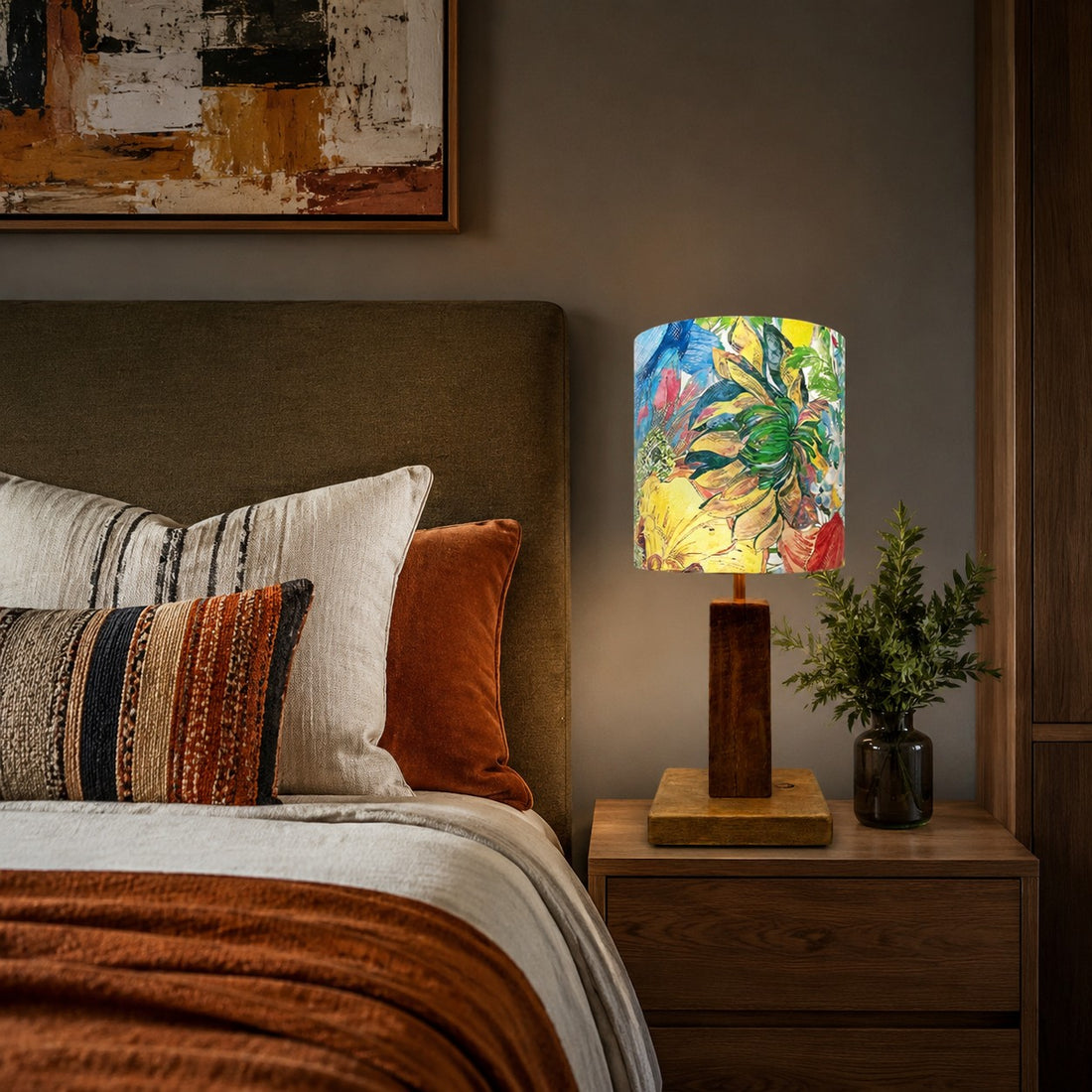 Colorful printed fabric table lamp in a styled interior