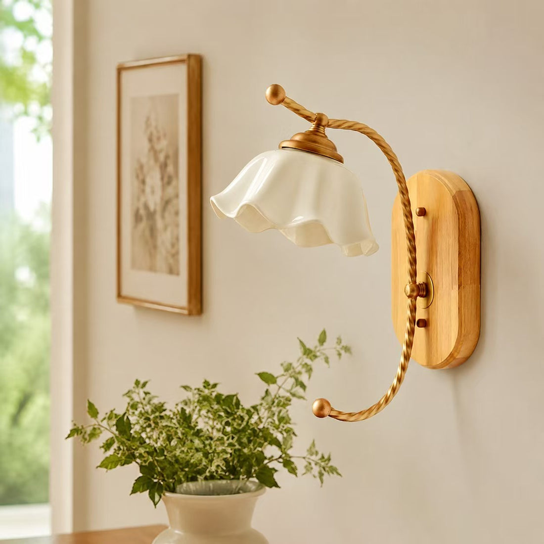 Vintage Floral Ceramic Shade Wooden Wall Sconce
