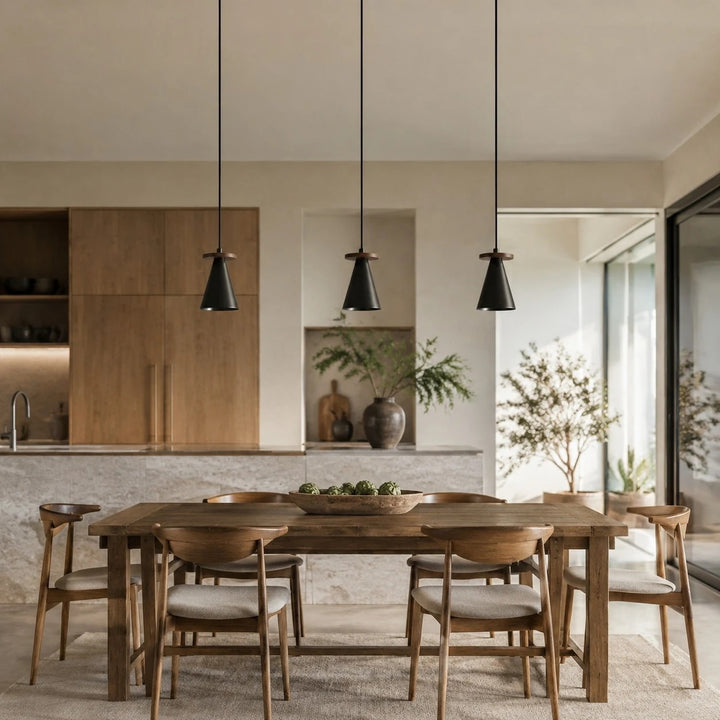 Black walnut pendant light in a hallway setting
