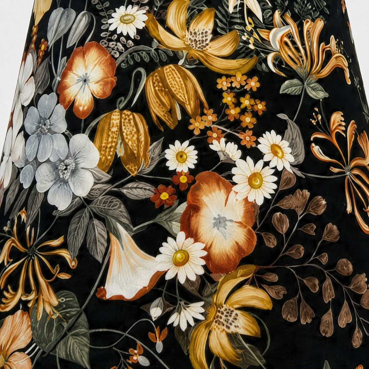 Close view of black floral fabric lampshade