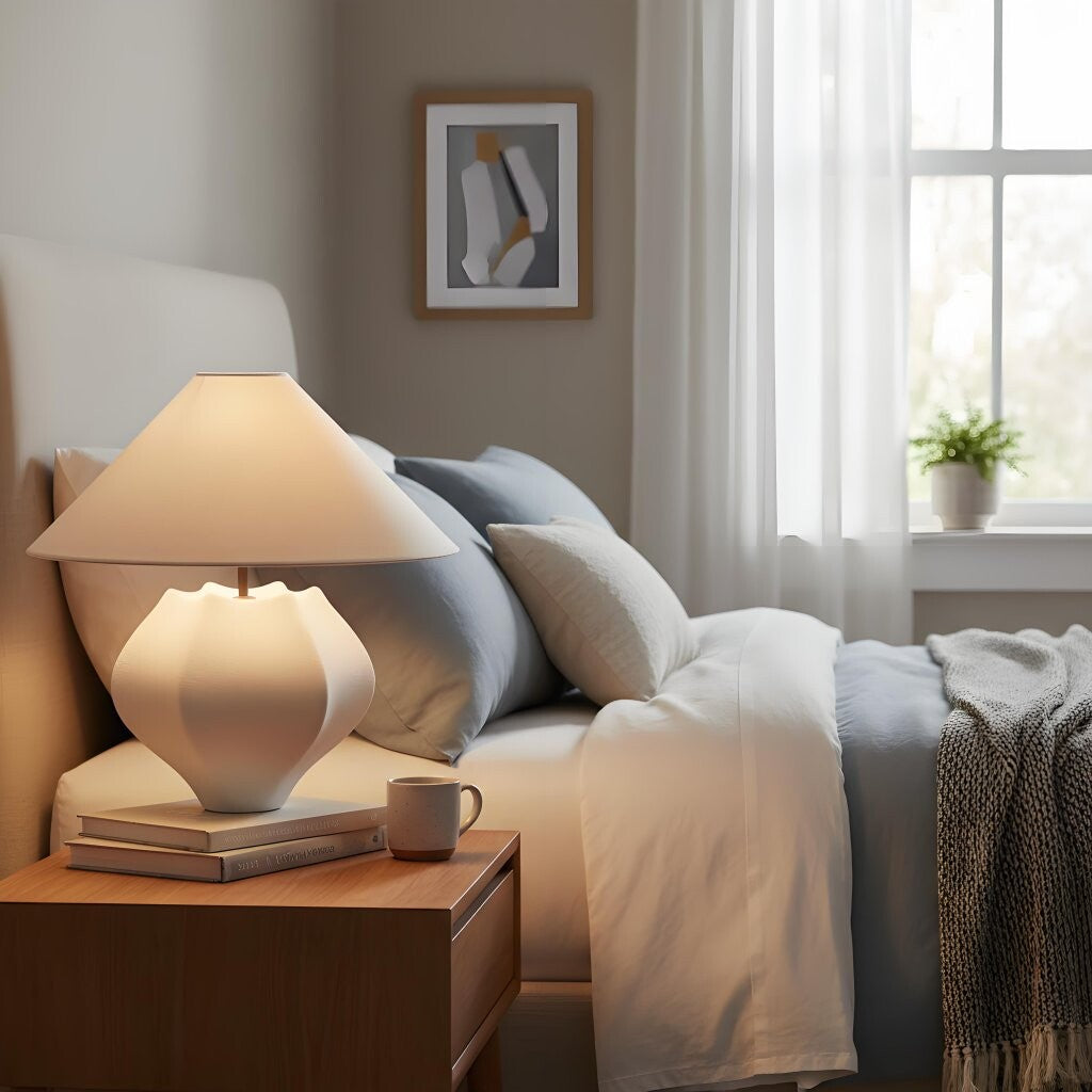 Cordove Table Lamp - Sculptural Ceramic Base and Linen Shade Suitable for Living room, Bedroom or Side Table