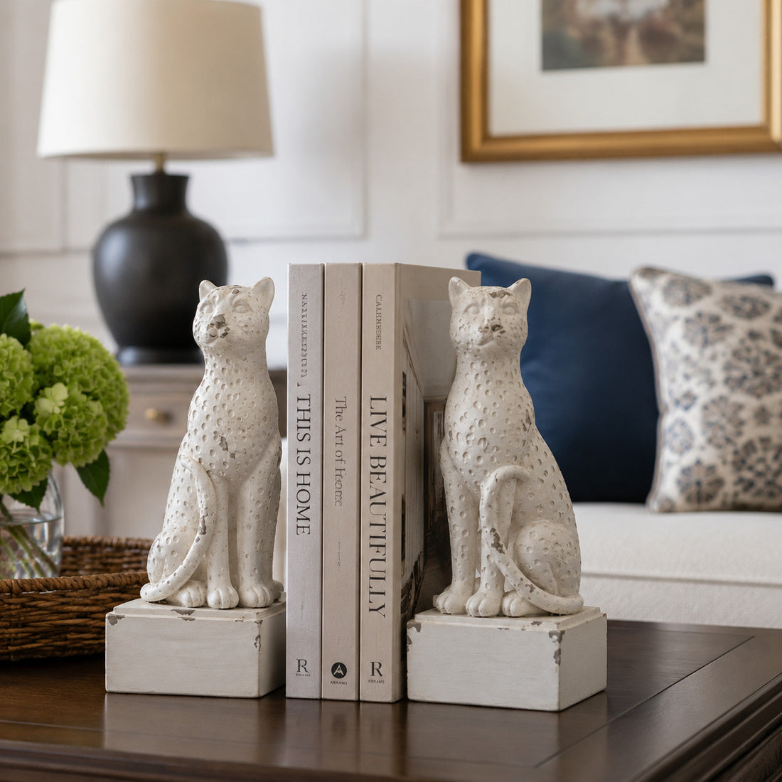 Leopard bookends styled with books