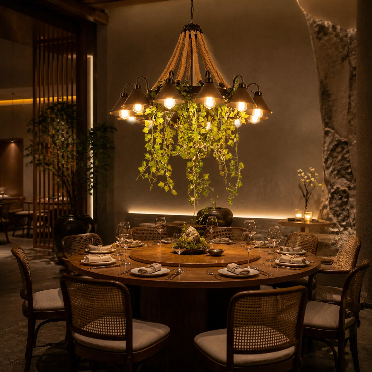 Rope and Greenery Wagon Wheel Chandelier