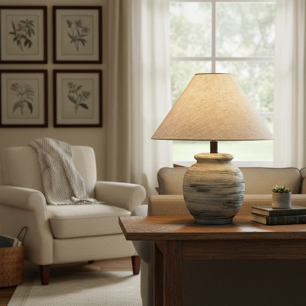Ceravine Rustic Ceramic Base Table Lamp with Conical Fabric Shade – Elegant Accent Lighting for Home