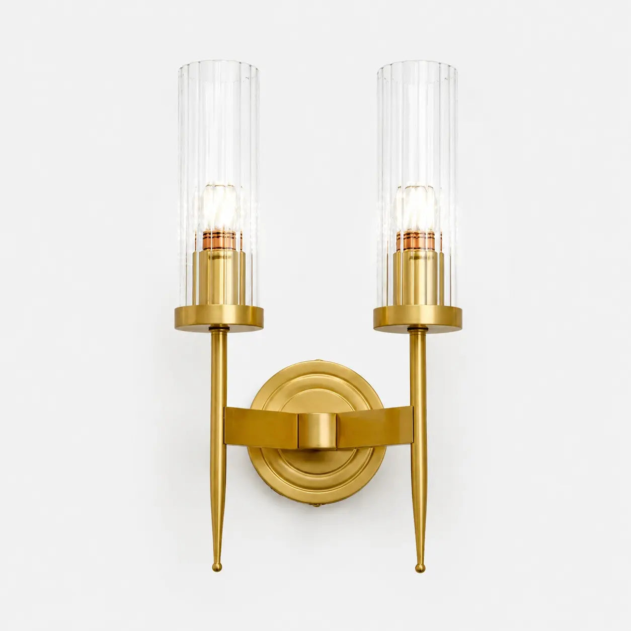 Double-head brass wall lamp with ribbed glass shades