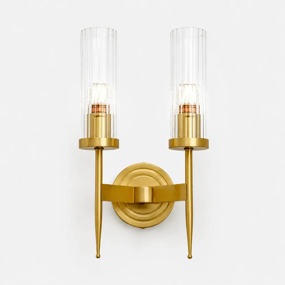 Double-head brass wall lamp with ribbed glass shades