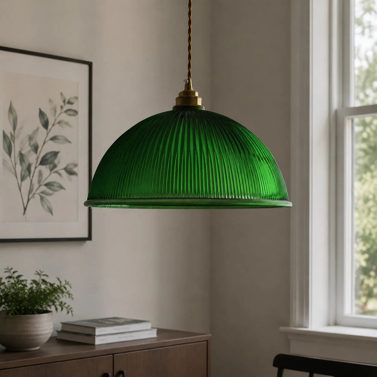 Emerald green pendant light near a bright window
