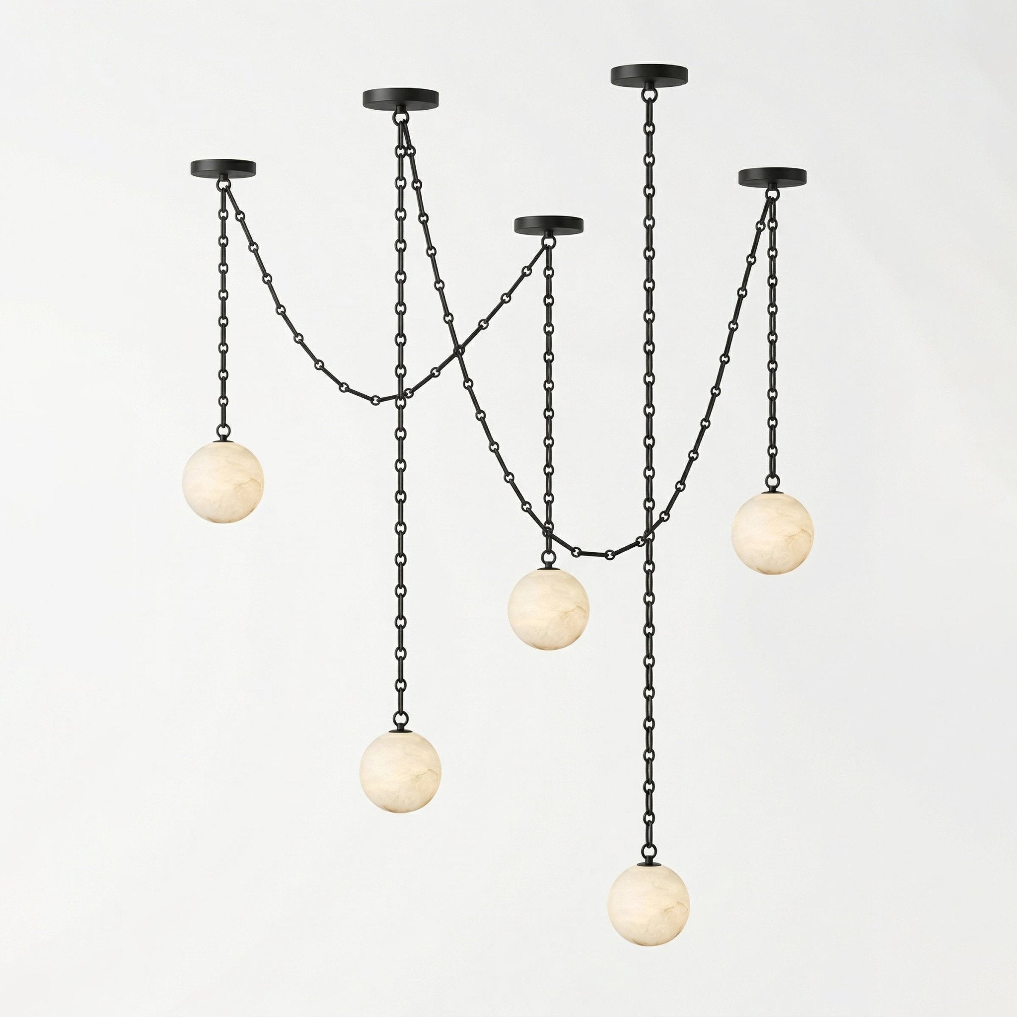 Black Metal Alabaster Globe Hardwired Chandelier