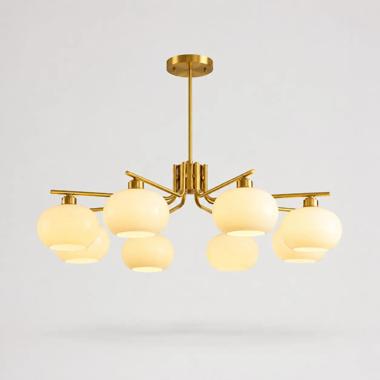 Solid brass gold eight-light milk glass chandelier
