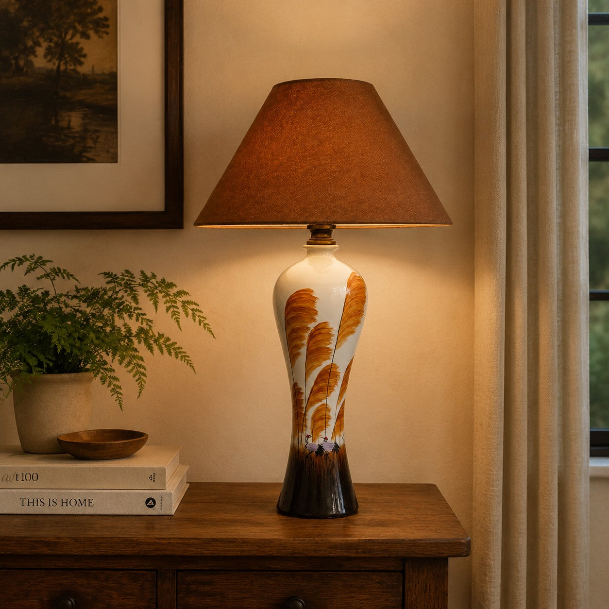 American Style Ceramic Table Lamp with Brown Fabric Shade
