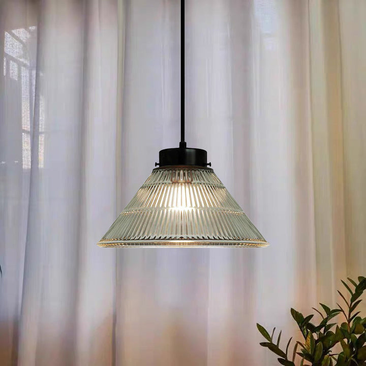 Retro Striped Glass Pendant Light - Creative Bowl Design for Bedroom