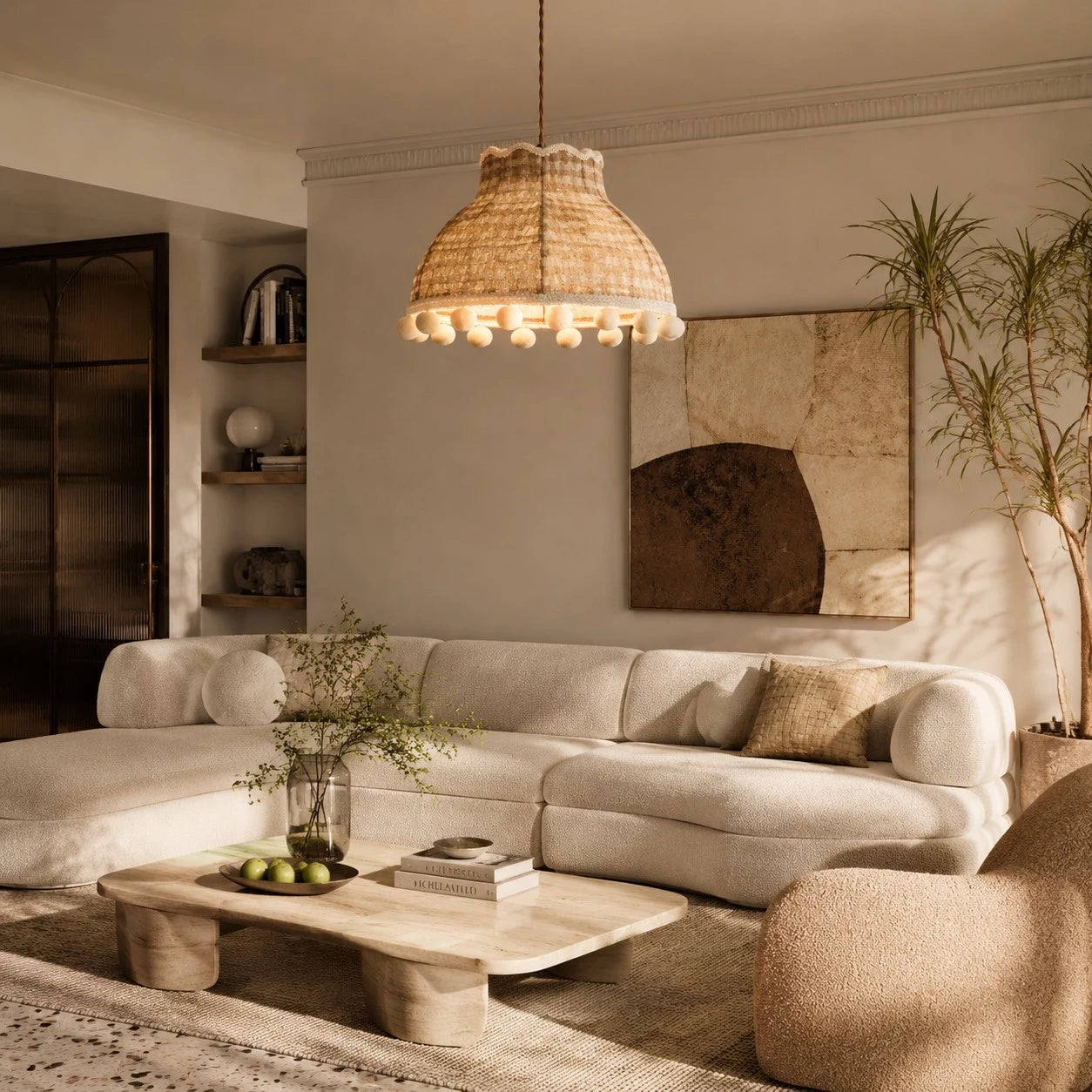 French Cream Pom Pom Fabric Pendant Light