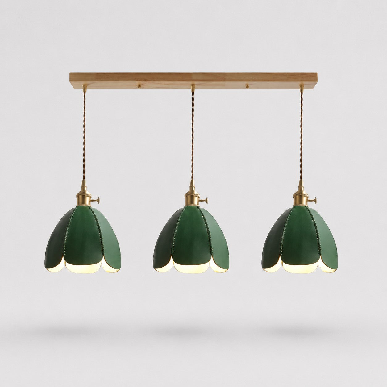 Three-light green leather linear pendant