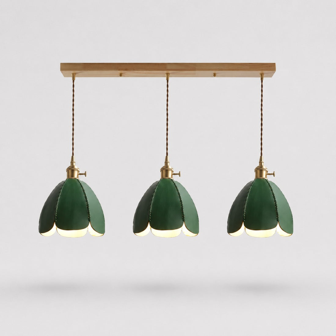 Three-light green leather linear pendant