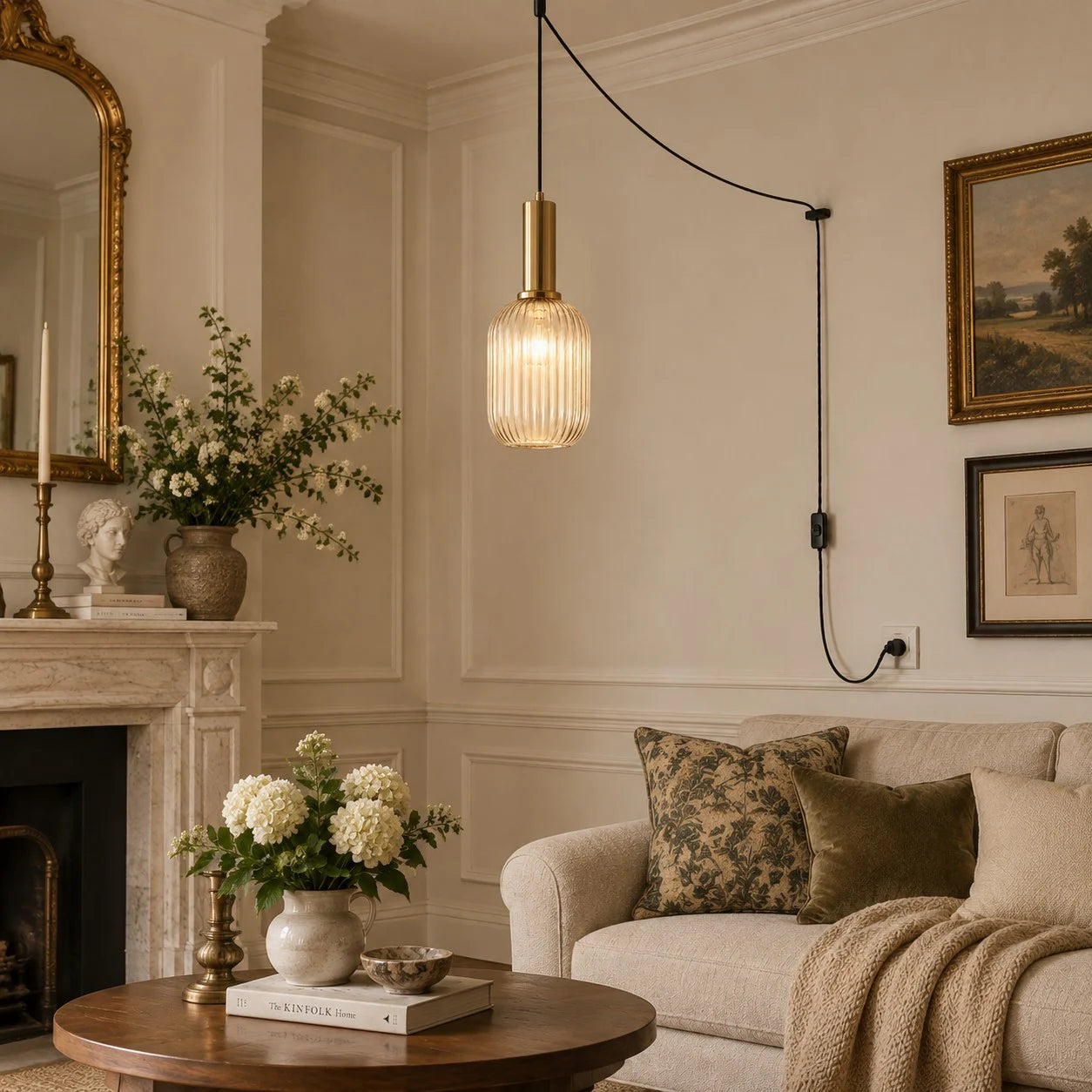 Retro ribbed glass plug-in pendant light in a home interior