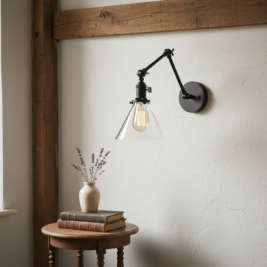 Conique Industrielle Wandleuchte aus Metall mit verstellbarem Arm – Kegelschirm aus Vintage-Glas