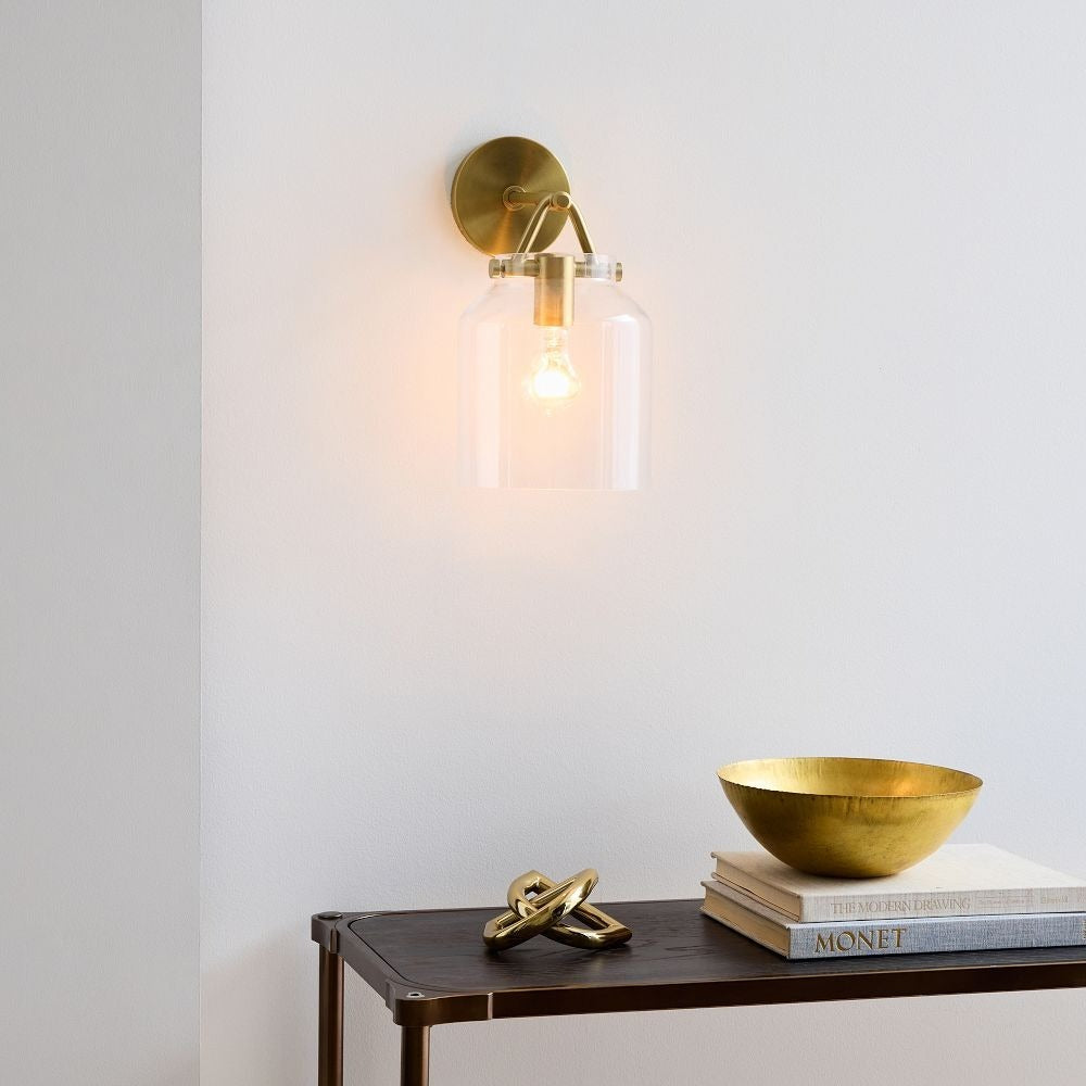 Hanton Brass Damp Rated Sconce - Modern Glass Wall Light for Bathroom
