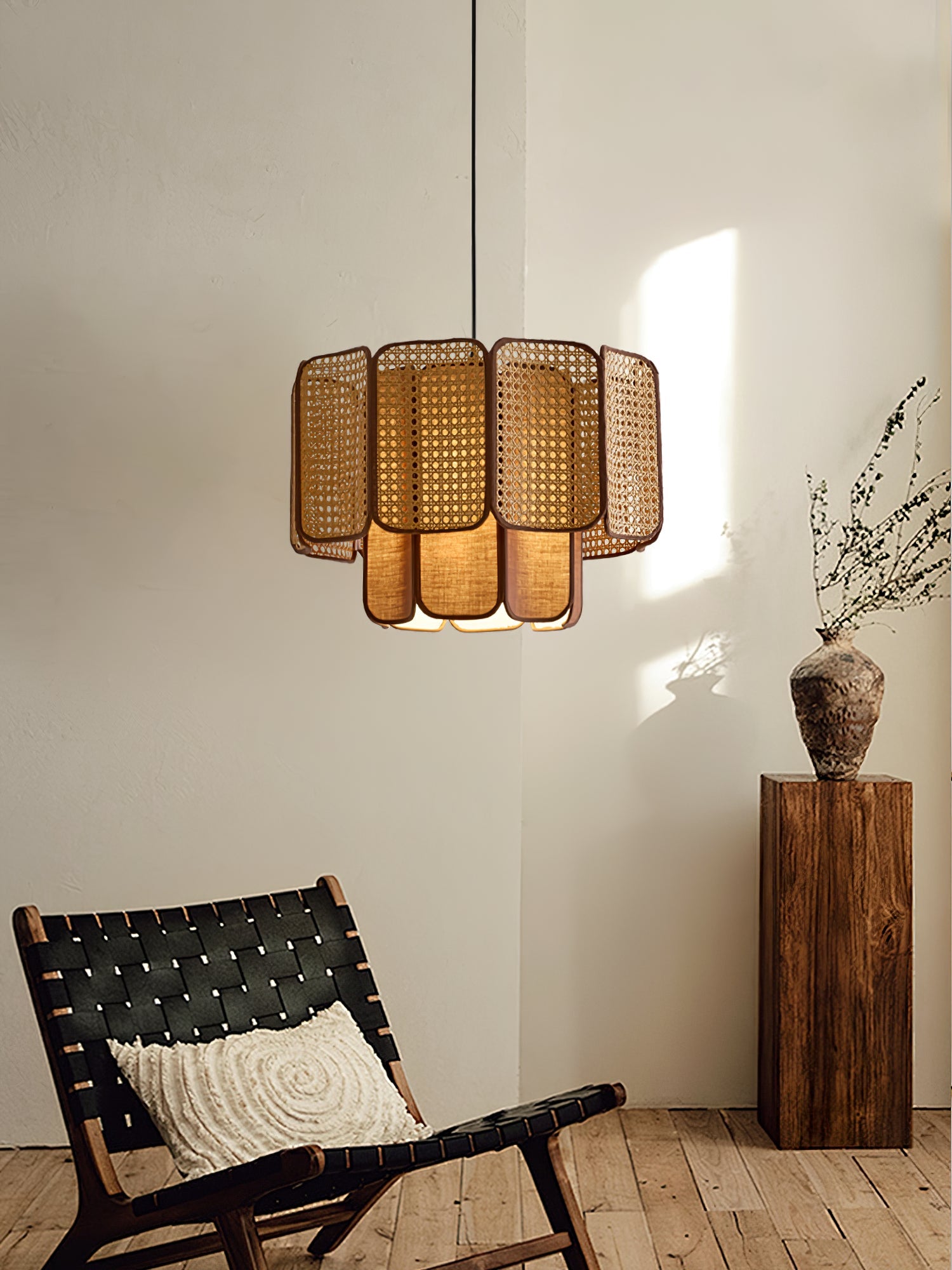 Layered Rattan Plug-In Swag Pendant