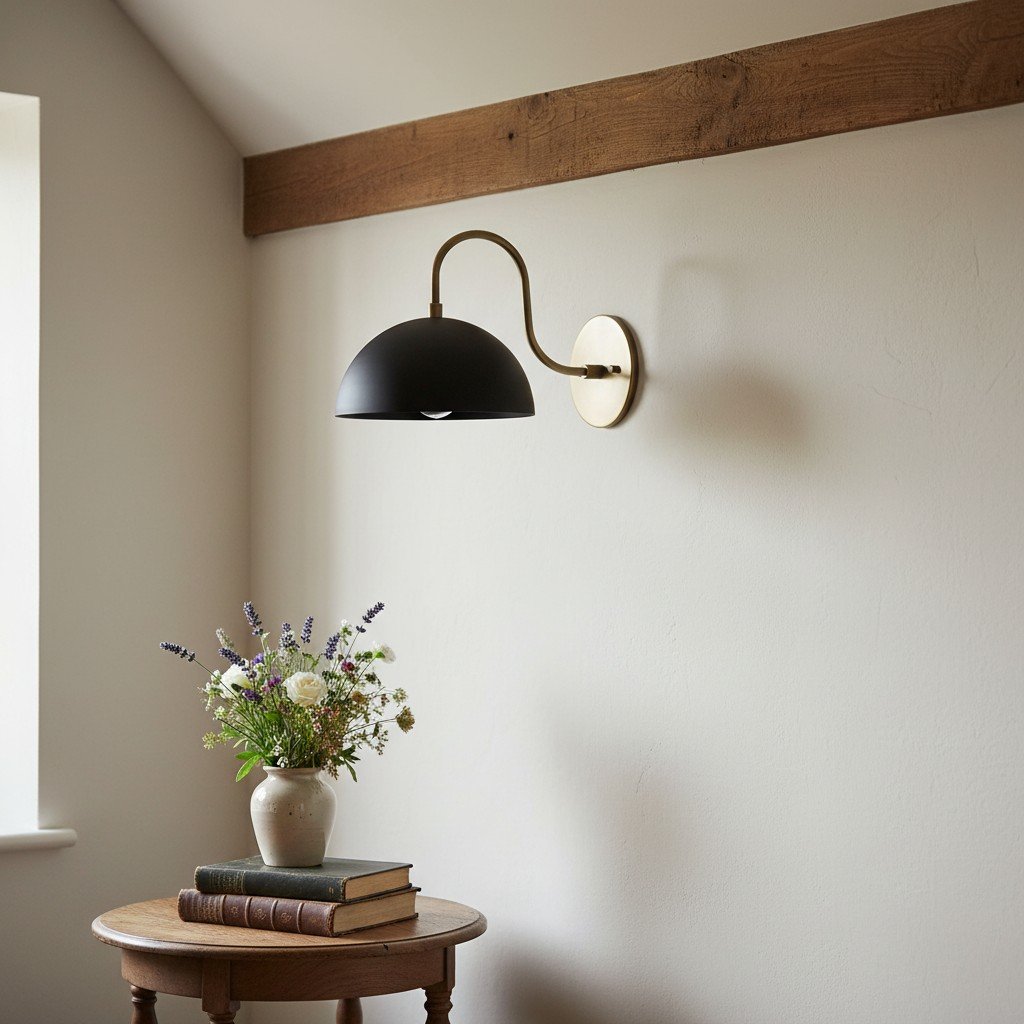 Curva Metal Industrial Wall Sconce - Curved Brass Arm - Hammered Dome Light Fixture