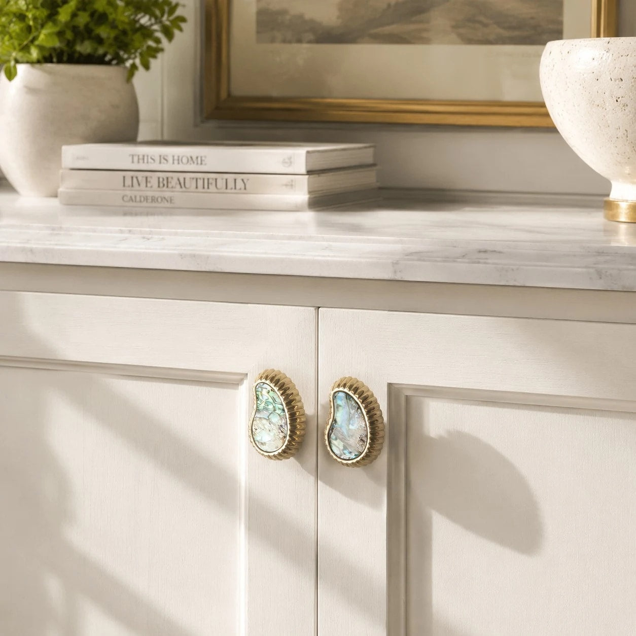 French Vintage Cashew Shell Brass Cabinet Knobs and Pulls - image 19