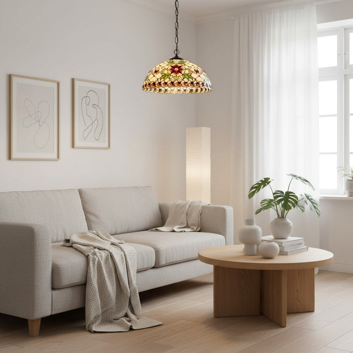 TF Angelique Stained Glass Pendant Lamp - Colorful Mosaic Shade Adjustable Chain Small Pendant Classic Decorative for Kitchen or Entryway