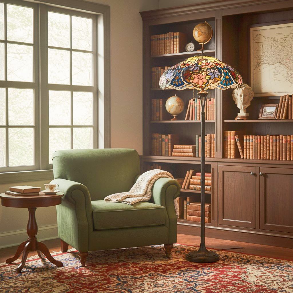 TF Sullivan Tiffany Floor Lamp - Floral Stained Glass Design for Study or Living Room