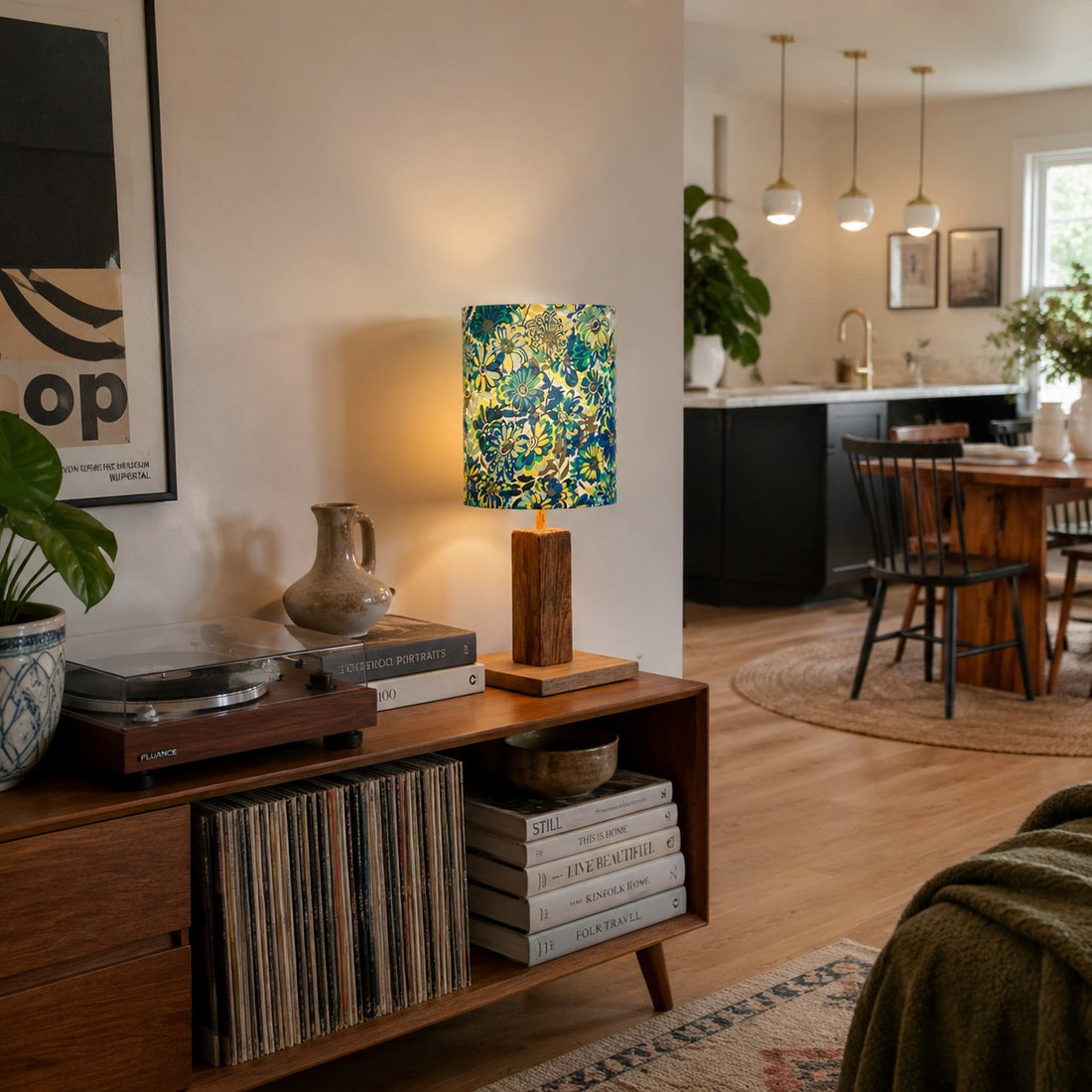 Colorful printed fabric table lamp in a styled interior