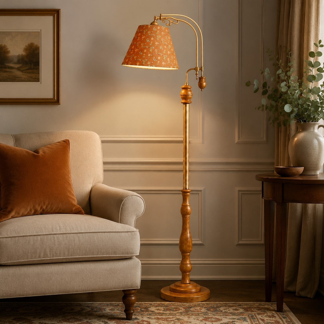 Vintage Wood and Fabric Floor Lamp