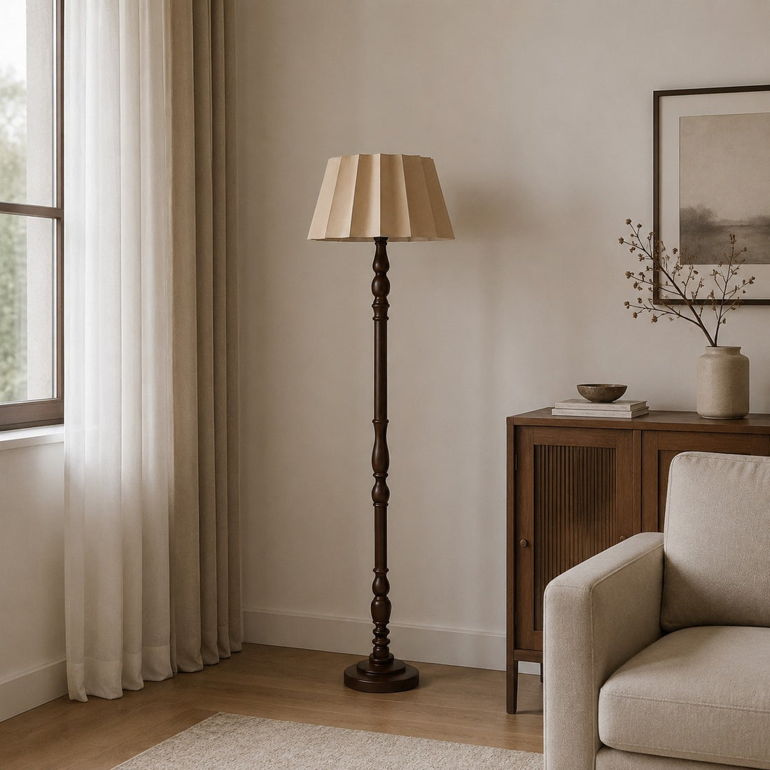 Vintage Fabric Shade Floor Lamp with Turned Wood Base