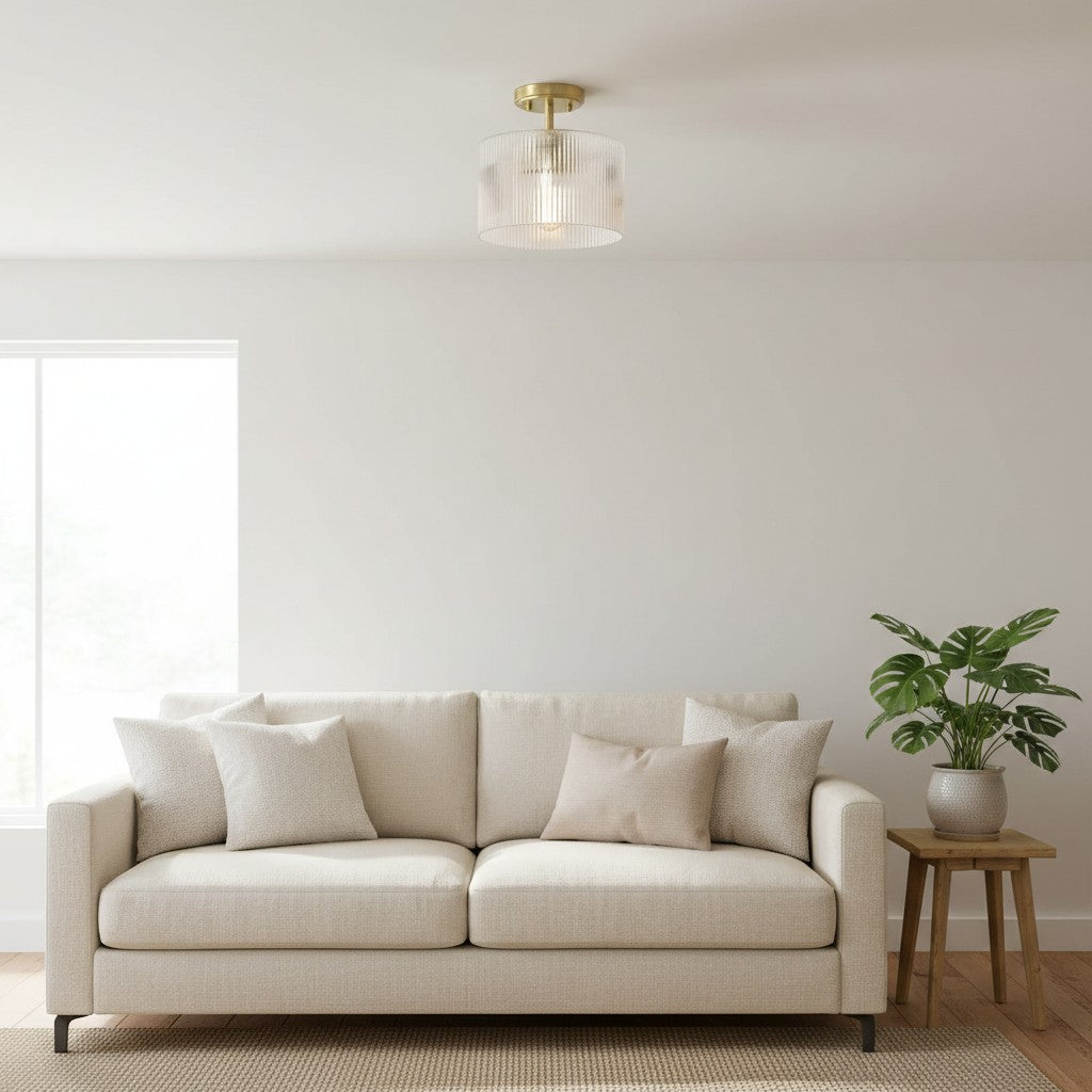 Rivora Ribbed Glass Semi Flush Ceiling - Modern Farmhouse Ceiling Light for Bedroom and Hallway U09